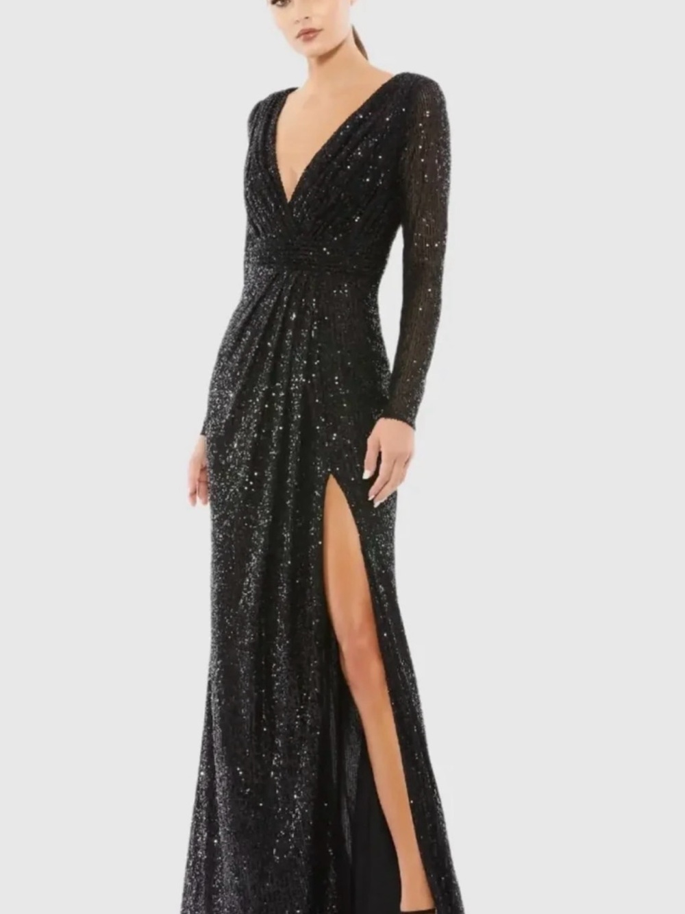 Ieena for MacDuggal Sequin Long Sleeve Black Evening Gown with Thigh Slit sz 18